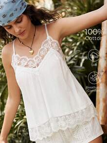 Lullawish Áo ngủ camisole nữ phong cách Bohemian 100% cotton - trắng - Xem 3