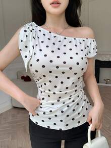 Celisse Blusa casual con hombros descubiertos, fruncida en los laterales y con estampado de lunares para mujeres - Multicolor - Ver 5
