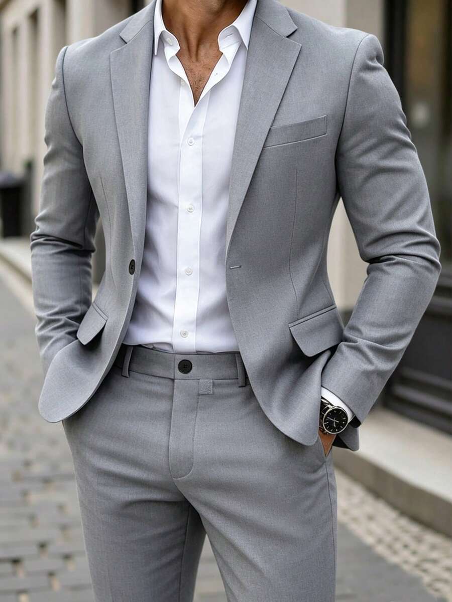 Manfinity Mode Men's Gray Elegant Formal Suit Jacket And Pants Set,Autumn Business Casual Wedding Attire For Commute,Parties&Banquets, Ceremony - Light Grey - View 1