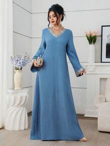 Al Najma Vestido elegante de manga larga, cuello en V, suelto y de unicolor con decoración de cinta para uso diario - Azul - Ver 5
