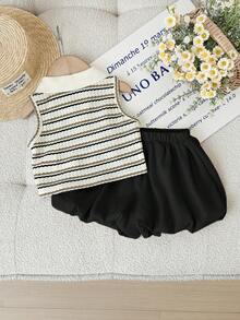 SHEIN LMoss Kids Babygirl Cute Summer Striped Polo Collar Tank Top And Elastic Waist Ruffle Shorts Set - Black - View 2