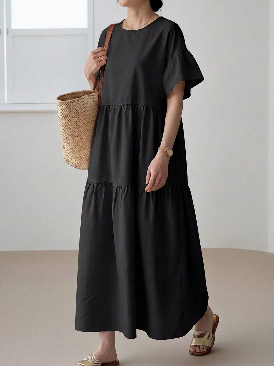 EMERY ROSE Women's Solid Color Round Neck Ruffle Hem Long Sleeve Dress Vacation Black Summer Casual - Black - View 1