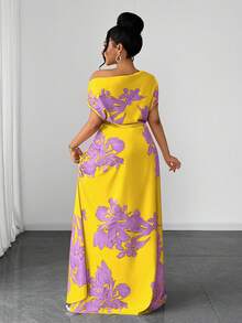 Maweii Plus Size Green Floral Print Ruched Waist Slit Shoulder Casual Vacation Dress - Multicolor - View 6