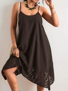 Freevana Plus Size Solid Color Spaghetti Strap Sleeveless Casual Loose Summer Dress - Coffee Brown - View 6