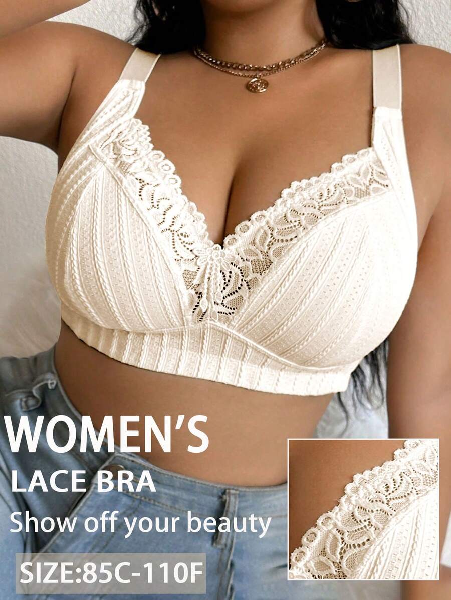 DesireSculpt 1pc Plus Size Lace Patchwork Wireless Bra - Apricot - View 1