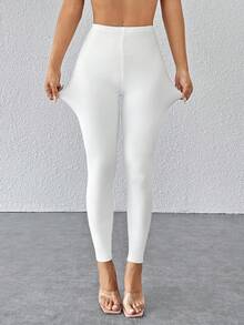 SHEIN PETITE CURVE Quần legging co giãn màu trơn cỡ lớn, thích hợp mặc hàng ngày, mùa đông, mùa xuân, ngày Valentine, làm từ chất liệu PU, thích hợp cho trang phục lễ hội, tiệc tùng, đi làm, văn phòng, lễ tốt nghiệp và các dịp khác. - trắng - Xem 1