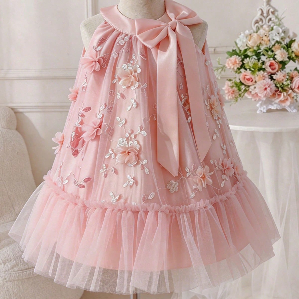 Vestido elegante de niña pequeña con cuello de halter y estampado floral, vestido de fiesta de cumpleaños con mangas de pétalo y gran moño, adecu