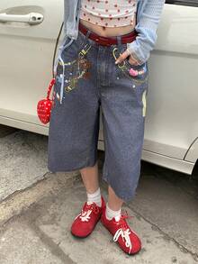 TOM AND JERRY X DAZY Quần short denim ống rộng dáng suông, in họa tiết, có túi xéo, dành cho nữ. - Màu xanh lam - Xem 5