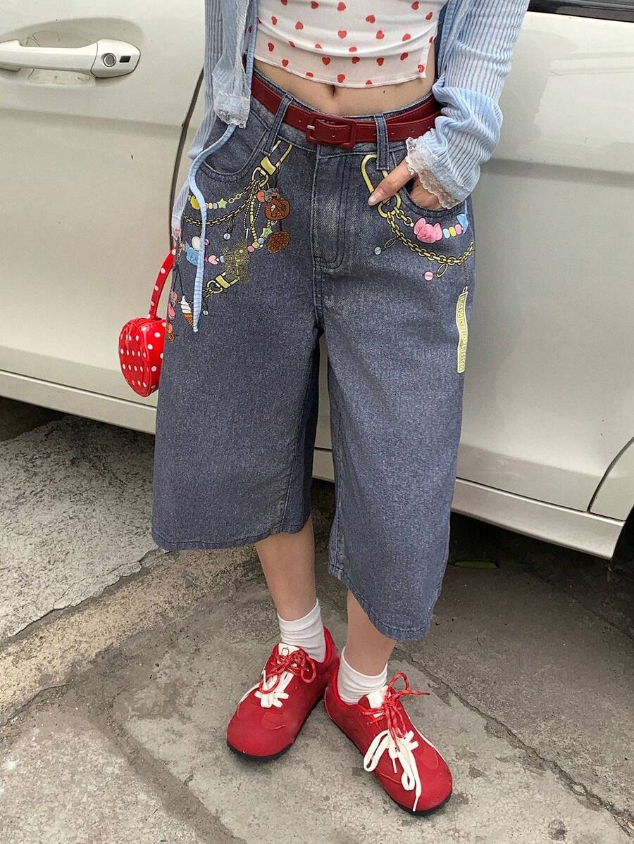TOM AND JERRY X DAZY Quần short denim ống rộng dáng suông, in họa tiết, có túi xéo, dành cho nữ. - Màu xanh lam - Xem 1