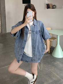 DAZY 女款牛仔翻領韓風短袖襯衫與短褲兩件套 夏季 - 藍色 - 查看 8