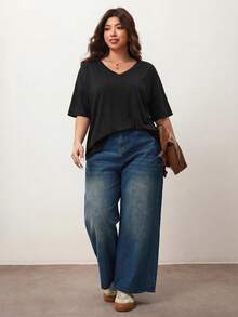 Enliva Plus Size Women's A-Line Contrast Color Lace Patchwork Hollow Casual T-Shirt, Spring/Summer, Suitable For Daily, Commuting, Dating, Vacation Wear - Black - View 8