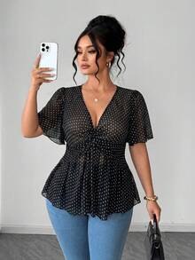 Elenzga Áo kiểu nữ cỡ lớn thanh lịch màu đen chấm bi hoa văn bằng vải chiffon, vạt xoắn, đa năng, thích hợp mặc đi làm, áo chiffon mùa xuân/hè, áo màu xanh lá cây, phù hợp cho lễ tốt nghiệp, Ngày Valentine, lễ hội âm nhạc, Ngày của Mẹ, Halloween, Lễ Tạ ơn, Lễ Phục sinh, Ngày Quốc khánh, dạ hội, tiệc hẹn hò, mùa cưới, các chuyến đi dã ngoại. - màu đen - Xem 4
