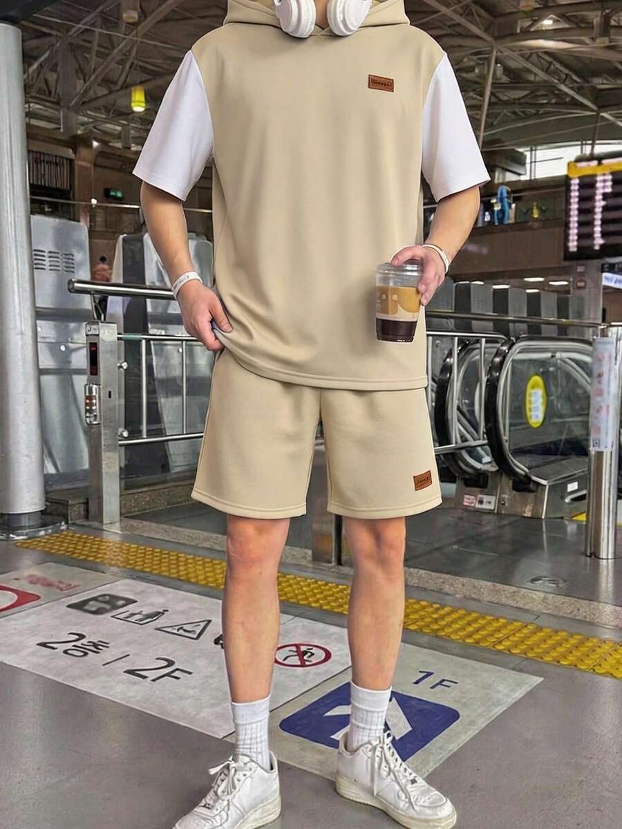 SHEIN 2件套青少年男童休闲连帽短袖T恤短裤套装，街头朋克摇滚校园风，适合春夏穿着 - 彩色 - 查看 1
