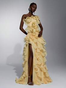 Elitara Elegant Luxurious Beaded Sequin Embroidered Lace Organza Ruffle Hem Backless Mermaid Dress,Suitable For Weddings,Parties,Galas,Formal Events - Pale Yellow - View 4