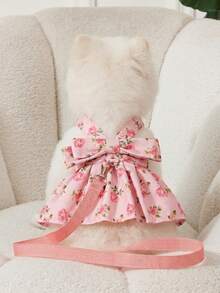 PETSIN 1pc Pink Rose Full Print Pet Skirt Skin Friendly Breathable With Traction Rope Casual Style Pet Clothing - Multicolor - View 2