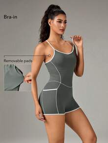 OutZeal Romper Women Sports Jumpsuits Gym Workout Fitness Pilates Clothes Bra-In Removable Pads - Army Green - View 2