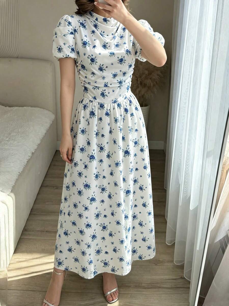 Modelyn 女款多季節藍色碎花短袖垂領抓皺設計優雅通勤中長洋裝 - 藍色 - 查看 1