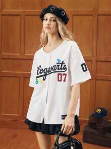 HARRY POTTER X SHEIN Women's Letter Pattern Short Sleeve Shirt, - White - View 3