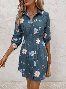 SHEIN Clasi 女士秋冬时尚百搭通勤印花衬衫裙 - 霧霾藍 - 查看 7