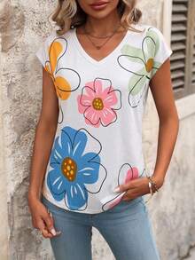 EMERY ROSE Women Gradient V-Neck Short Sleeve Casual T-Shirt, Summer Graphic Tees Women Tops - Multicolor - View 4