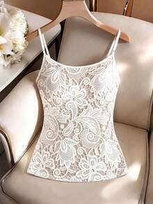 GlowEve Women's Elegant Beige Summer Tea Party Floral Camisole,Spaghetti Strap Fitted Waist Date Commute Minimalist Beachwear Luxury Fashion Top - Multicolor - View 2
