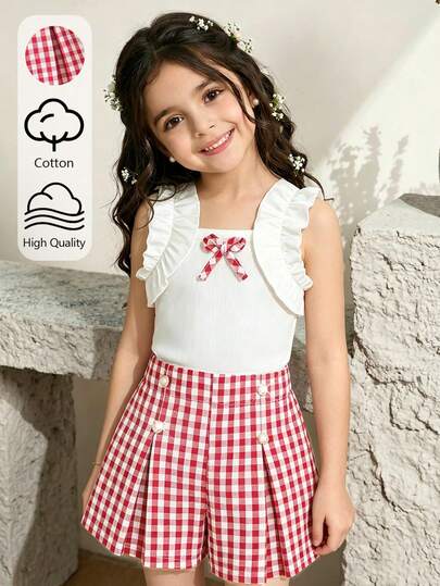 Young Girl Spring/Summer New Sweet College Style 2-Piece Set, White Solid Soft Ribbed Fabric Sleeveless Top Paired With Delicate Ruffle Trim Flutter Sleeve & Red Plaid Bow Decor Shorts Set