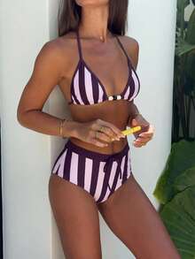 Swim Mod Spring/Summer Beach Vacation Purple-Pink Contrast Halter Striped Bikini 2 Pieces Swimwear - Multicolor - View 1