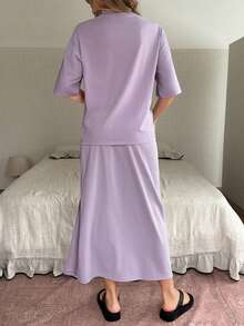 DAZY Women's Solid Color Round Neck Drop Shoulder Short Sleeve Loose Casual Summer Pajama Set - Dusty Purple - View 2