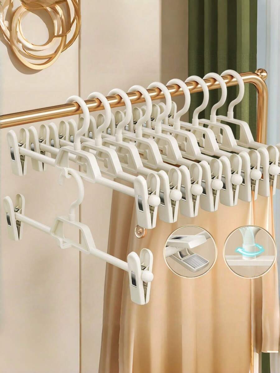 1PC 5PCS 10PCS Telescopic Pants Hangers Non Slip Adjustable Clothes Hangers With Clips For Trousers Jeans Skirts Pants Closet Organizer Space Saving Heavy Duty Stainless Steel Hooks For Home Bedroom Wardrobe Storage - White - View 1