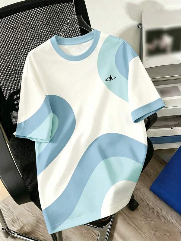 Teen Boys T-Shirt, Summer New Blue & White Contrast Wavy Stripe Print Loose Short Sleeve T-Shirt, Student Versatile Top