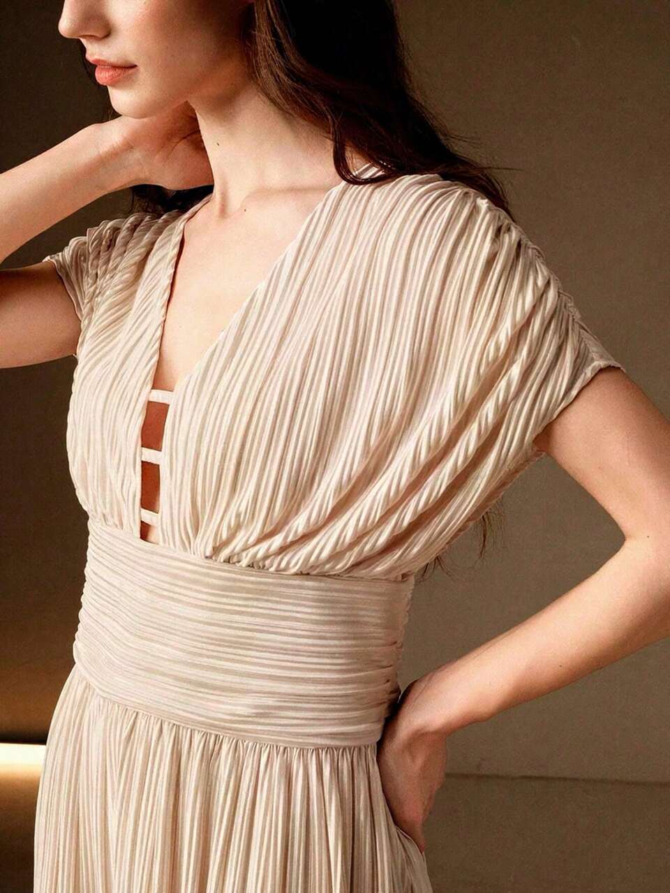 Anewsta Women's New Beige Pleated Dress, Holiday Vacation Wear, Chiffon Summer Party Dress, Top Elegant Tropical
