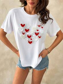 SHEIN Cottnline Damen Premium Weiß Baumwolle T-Shirt mit 3D Kunstperlen-Applikationen in Herzform, Touchscreen-Akzenten und eleganter femininer Silhouette für den Alltag - Weiss - Übersicht 5