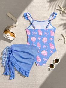 SHEIN Young Girls One-Piece Swimsuit, Cute Blue Starfish Pattern, Knit Fabric With Ruffle Trim, One-Piece With Skirt, Fashionable Casual Elegant Design, Suitable For Swimming, Summer Vacation, Beach, Pool, Holiday Party - Blue - View 2