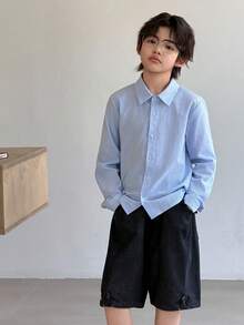 DAZY Camisa de manga larga con cuello y rayas para niños talla grande - Azul - Ver 5