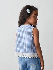 SHEIN X GALILEA Maija Kids Maija Kids 女童夏季休闲格子拼接前扣吊带背心 - 藍白色 - 查看 4