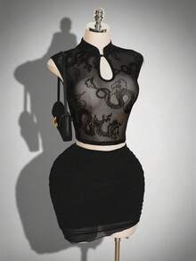 SHEIN ICON Women's Sexy Hollow Out Neck Sheer Mesh Dragon Print Fitted Cropped Sleeve T-Shirt, Autumn Club Night Black - Black - View 6