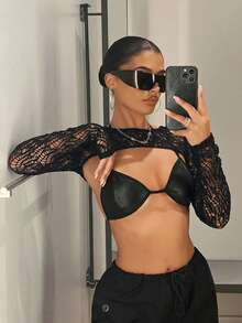 SHEIN ICON 纯色渔网超短款黑色上衣 - 黑色 - 查看 6