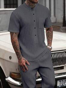Manfinity CasualCool Men's Solid Color Short Sleeve Shirt And Pants Set - Dark Grey - View 4