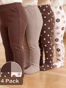 SHEIN 4pcs/Pack Newborn Baby Girls Footie Leggings Soft Stretchy Ribbed Knit Fabric Solid Color Comfortable Pants Cute Minimalist Style Set For 0-3 Months - Brown - View 8