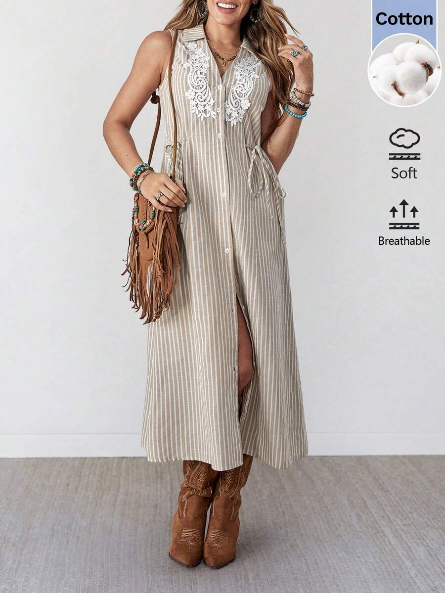 Wildy Women's White Summer Boho Holiday Vacation Dress,Western Country Stripe Embroidered Sleeveless Tie Waist Dress,Casual Beach Vacation Music Festival - Apricot - View 1