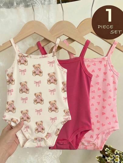 LMoss Kids Cute Bow & Heart Print Baby Girl Casual Bodysuit, Suitable For Spring/Summer
