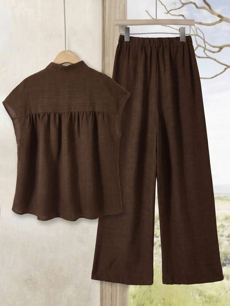 Plus Size Women 2 Pieces Set: Solid Color Shirt & Wide Leg Pants Summer Outfit For Women