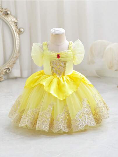 SHEIN Glamorique Kids Baby Girl Ruffled Princess Dress, Gold Floral Lace, Gemstone Decor, Luxury Party Dress For Birthday, Wedding, Holiday