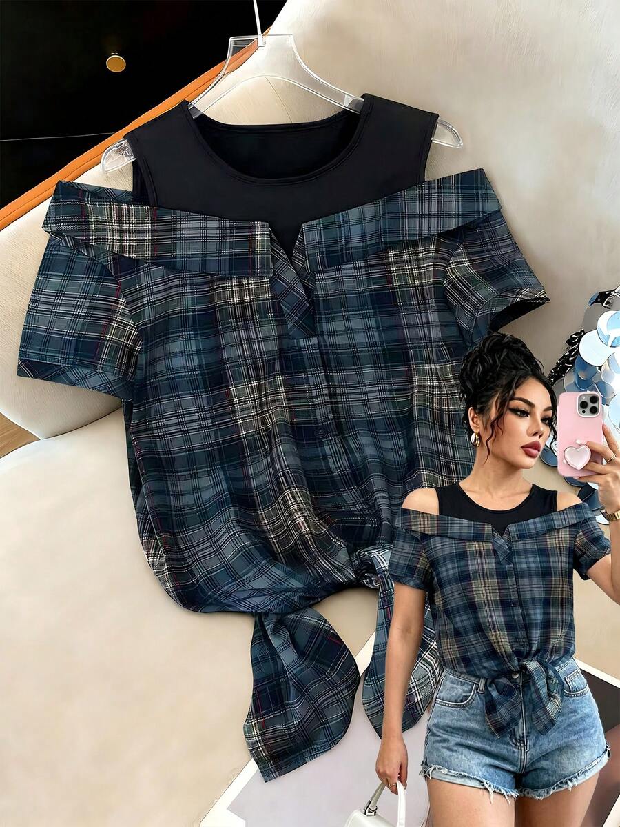 SHEIN Raffinéa 女士新款圆领针织拼接格子两合一下摆系带休闲优雅衬衫,春夏款 - 彩色 - 查看 1