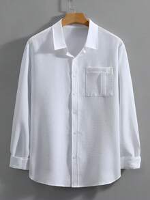 Manfinity Mode Men's Fashion Casual Long Sleeve Shirt Men's Stand-Up Collar Solid Color Button Long Sleeve Shirt, - White - View 3