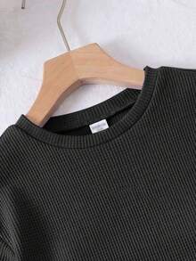 SHEIN LMoss Kids 两件套女童针织纯色圆领宽松T恤和修身短裤套装 - 黑色 - 查看 7