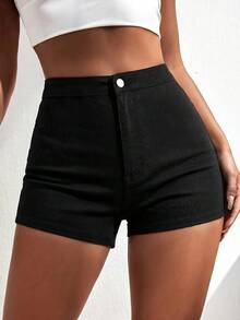 SHEIN ICON Plus Size Women Solid Color High Waist Casual Minimalist Design Daily Versatile Denim Shorts - Black - View 1