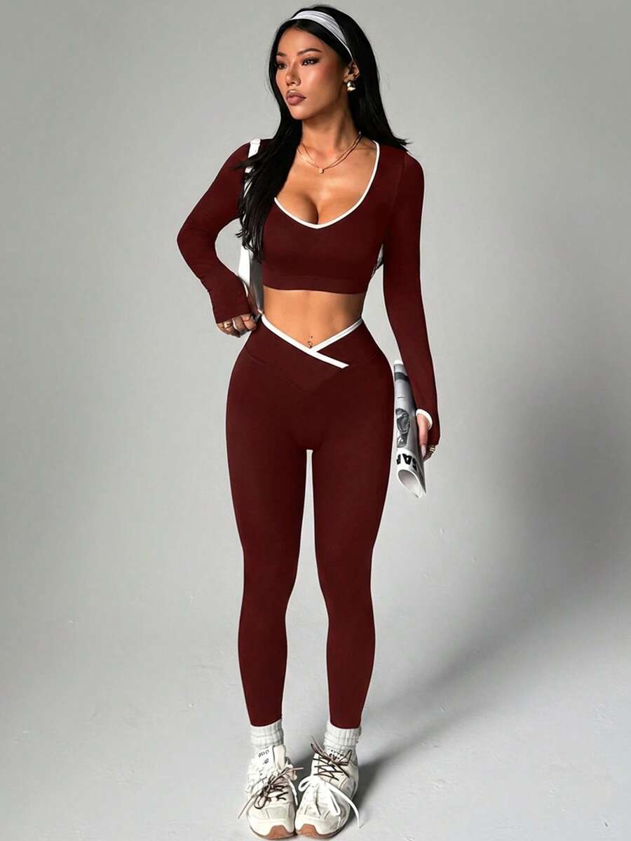 Dewbera Dewbera 2pcs/Set Women Seamless Contrast Color Sports Set - Burgundy - View 1