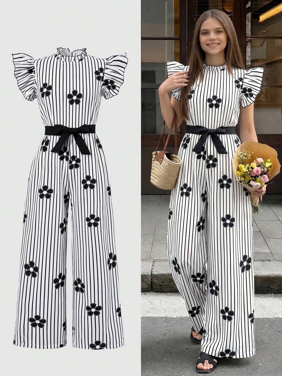 SHEIN Tween Girls Ruched Collar, Detachable Waist Belt, Polka Dot Pleated Jumpsuit, Featuring Flutter Sleeves, Ruffle Collar. Suitable For Elegant Casual, Holiday, Party, Shopping - Black and White - View 1