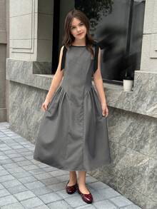 SHEIN 青少年女孩對比收腰長洋裝 休閒優雅時尚百搭 日常穿搭 適合典禮派對所有場合 新款女童洋裝 - 灰色 - 查看 5
